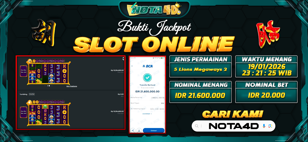 Bukti Kemenangan Besar Dibayar lunas Member NOTA4D RP 21.600.000, 19 Januari 2026