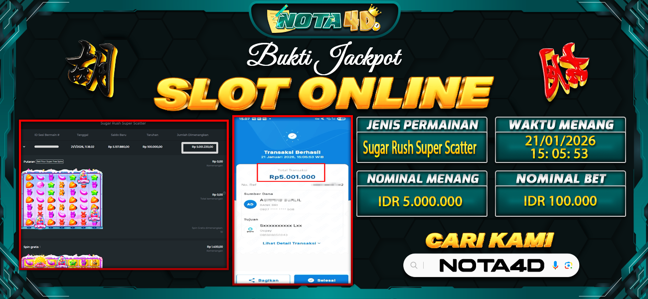 Bukti Kemenangan Besar Dibayar lunas Member NOTA4D RP 5.000.000, 22 Januari 2026