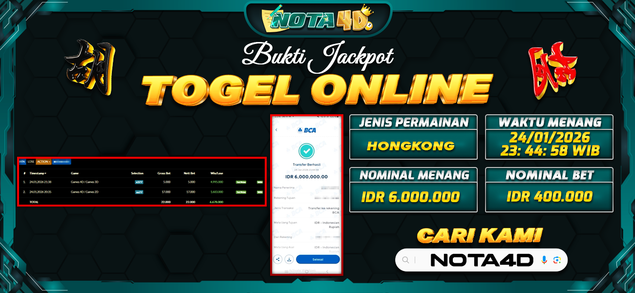 Bukti Kemenangan Besar Dibayar lunas Member NOTA4D RP 6.000.000, 24 Januari 2026