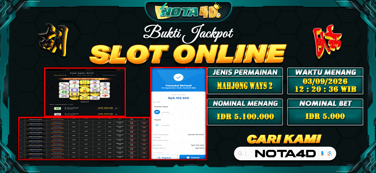 Bukti Kemenangan Besar Dibayar lunas Member NOTA4D RP 5.100.000, 3 September 2026