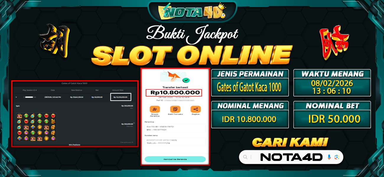 Bukti Kemenangan Besar Dibayar lunas Member NOTA4D RP 10.800.000, 8 Februari 2026