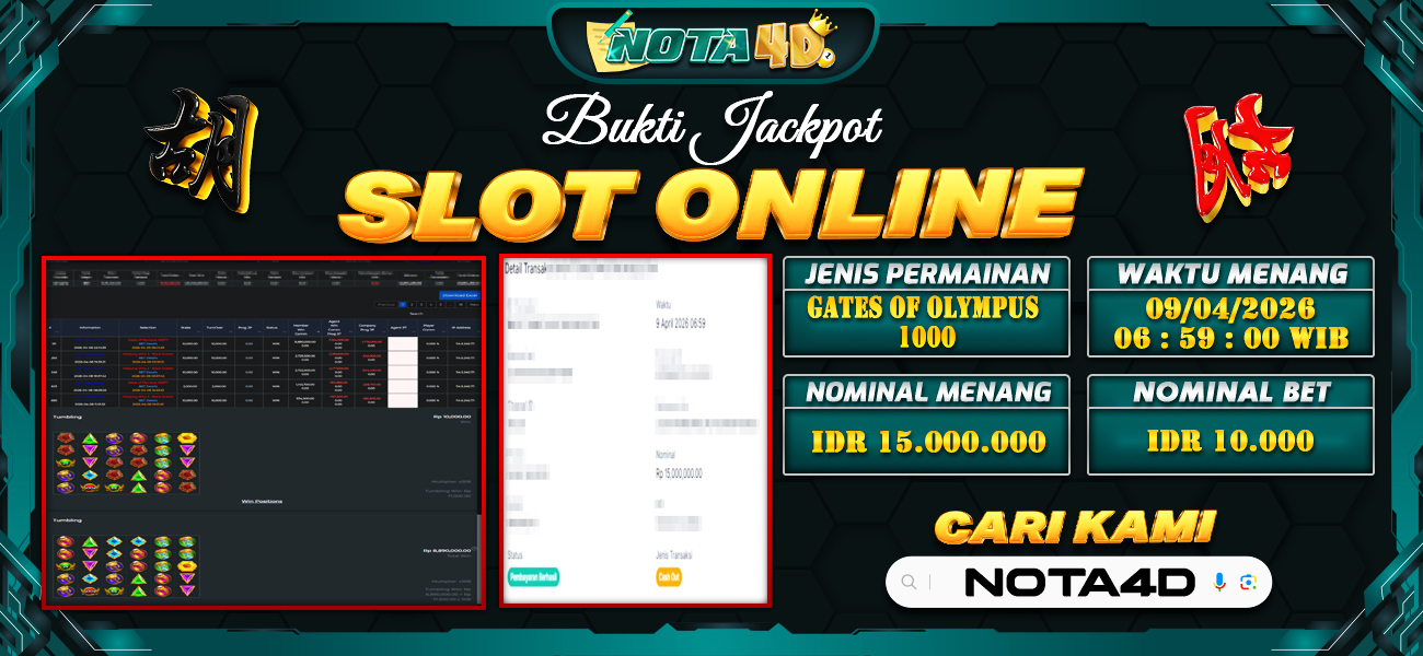 Bukti Kemenangan Besar Dibayar lunas Member NOTA4D RP 15.000.000, 9 April 2026